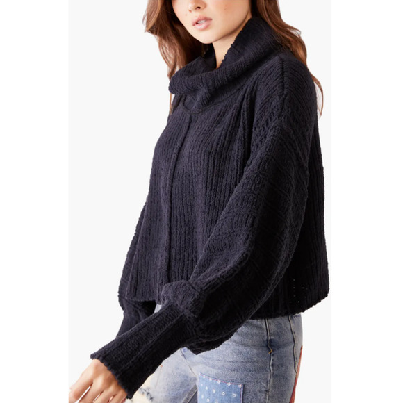 Free People Sweaters - Free People Be Yours Cowl Neck Sweater Balloon Sleeve Chunky Boxy Cropped Black